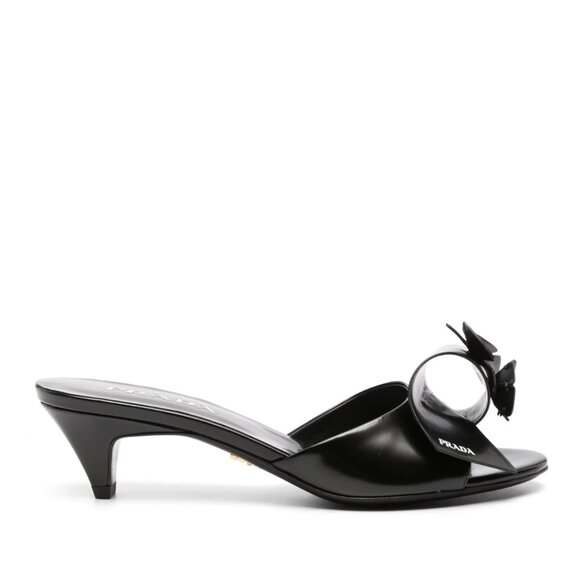 NWT Prada Slip-on Sandals Black Leather Flower Vamp Cone Heels  Sz 36 - Picture 1 of 11